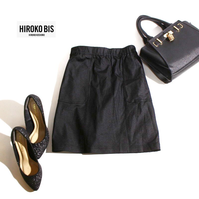 美品 ヒロコ ビス HIROKO BIS ヒロココシノ HIROKO KOSHINO essentiel エッセンシャル 通年 ストレッチ Aライン スカート ブラック 黒 9号_画像1
