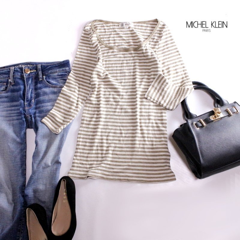 美品 春ニット ミッシェルクラン MICHEL KLEIN きれい色 春 夏 サマーニット 綿 ラメ ボーダー柄 プルオーバー カットソー 38 ゴールド