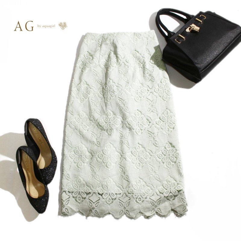 美品 aquagirl アクアガール 株) ワールド 春 夏 きれい色 フォーマル 清楚 レースタイトスカート S 黄緑 ミントレーススカート スカート_画像1