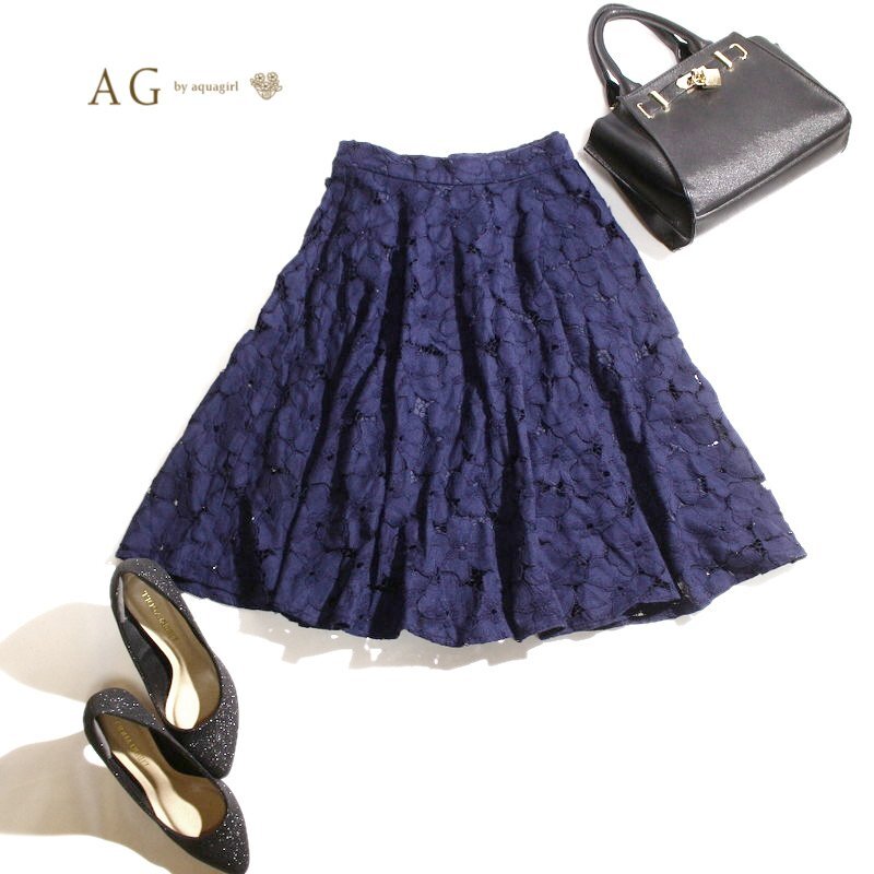 美品 AG by aquagirl エージー バイ アクアガール 株) ワールド 春 夏 軽やか フレア レーススカート M ネイビー 紺 コットン スカート_画像1
