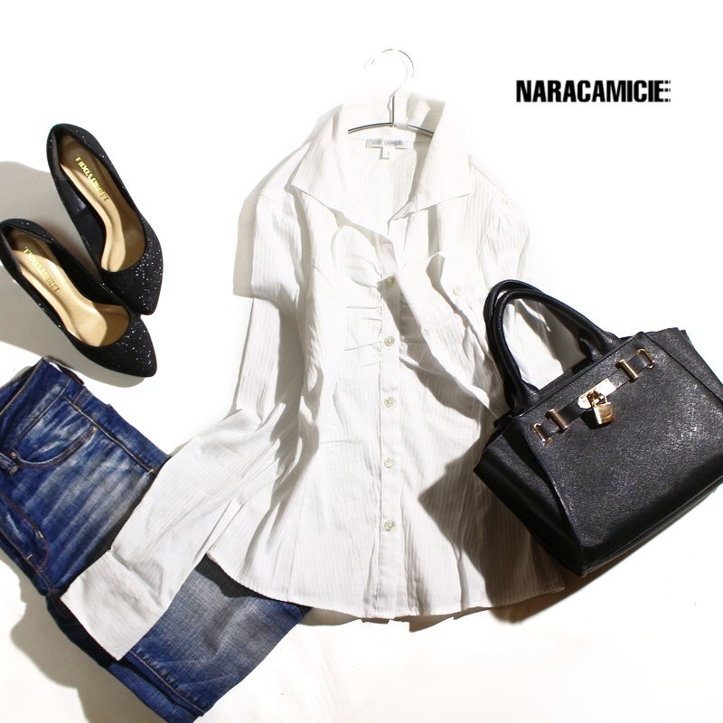 美品 ナラカミーチェ NARACAMICIE 春 夏 艶 ストライプ柄 洗練 綺麗ライン 上品 ストレッチ ギャザー シャツ Ⅰ M ホワイト 白 ブラウス