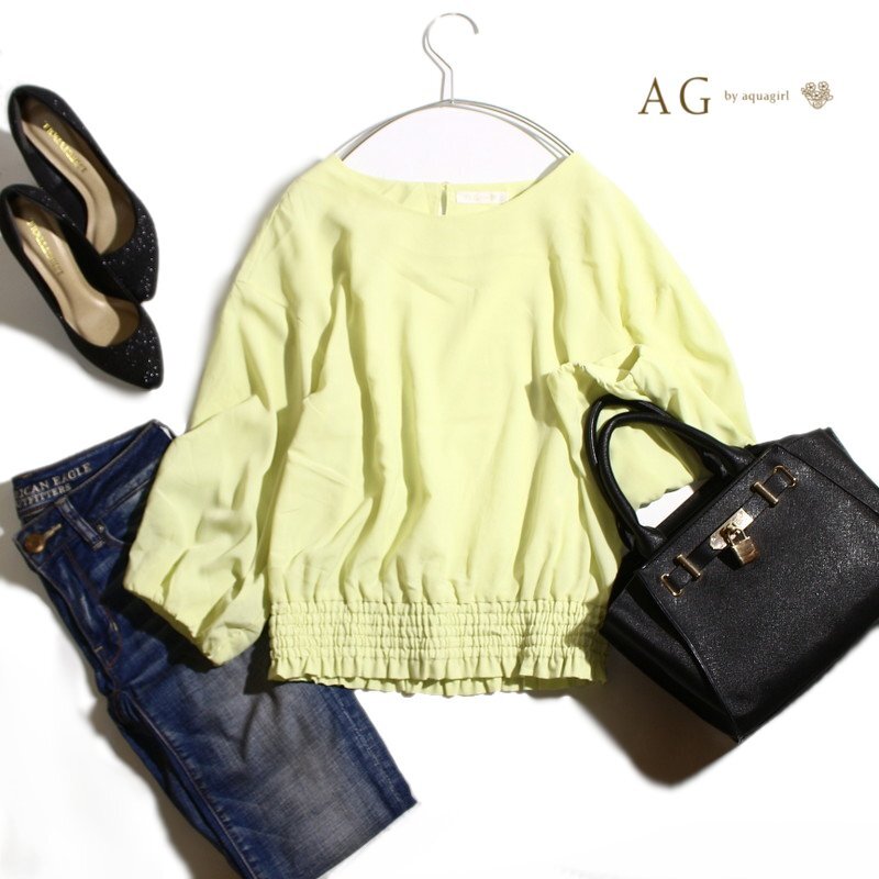 美品 AG by aquagirl エージー バイ アクアガール 株) ワールド 春 夏 透け シフォンカットソー ブラウス M イエロー 黃色 オフィス 通勤