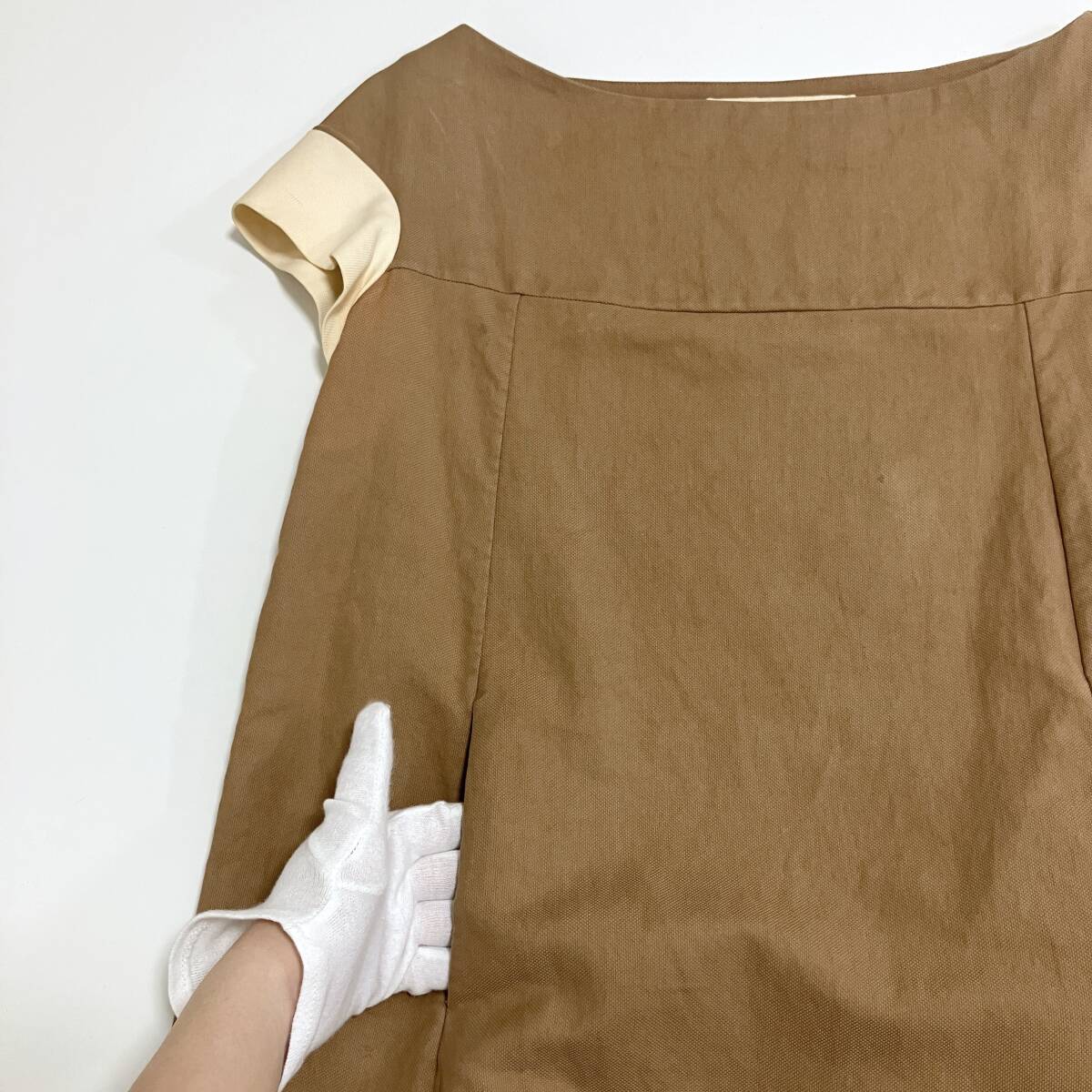 MARNI ボートネック 半袖 ワンピース ベージュ バイカラー イタリア製 40サイズ マルニ チュニック ひざ丈 5010304_画像7