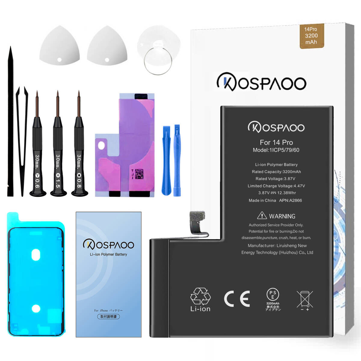For iPhone14 Pro バッテリー 『工具セット』 標準容量 交換ビデオ 3200mAh PSE準拠 Kospaoo/iPower 互換 Li-ion Battery 交換 修理