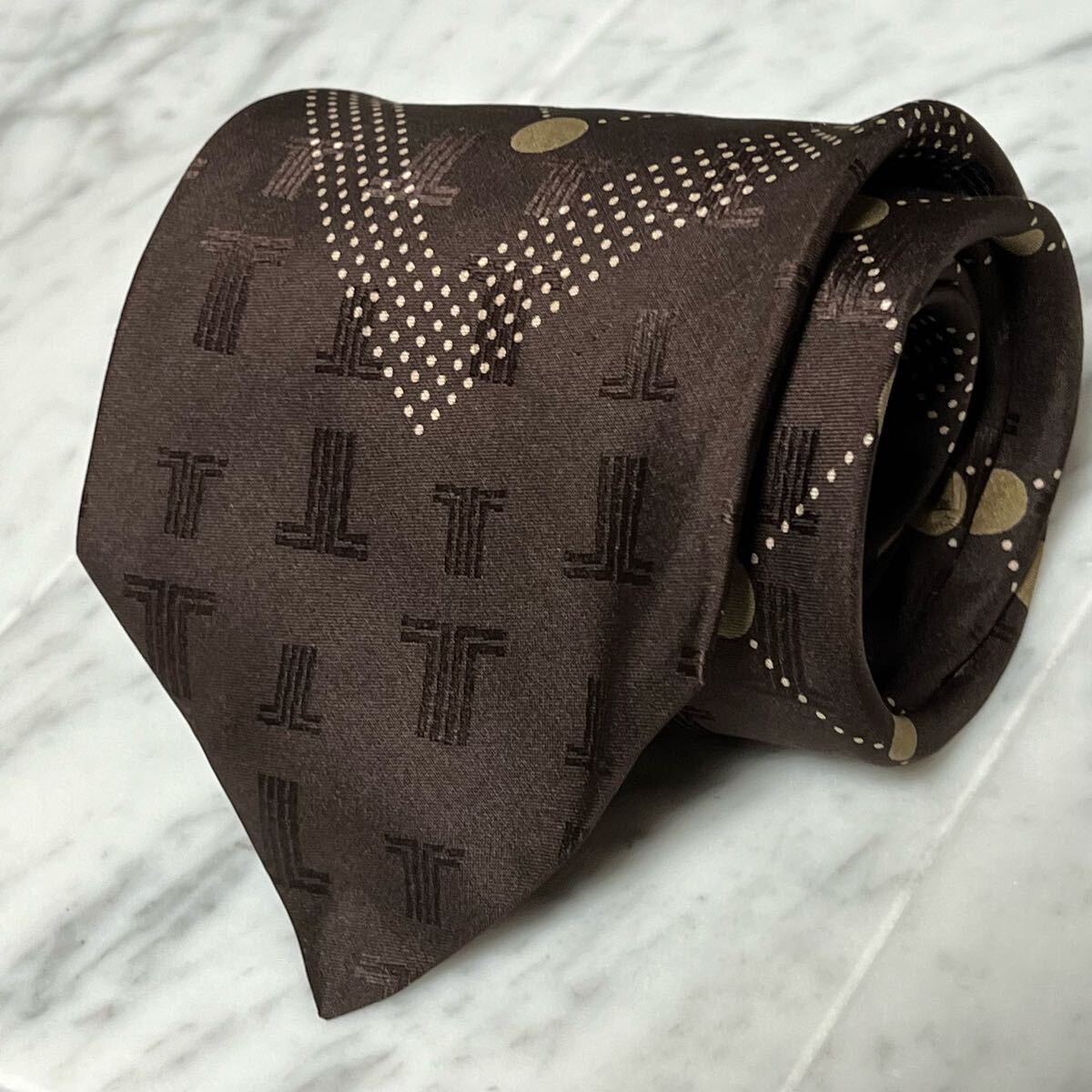 【美品】 999円～ LANVIN ネクタイ ブラウン ロゴ総柄 ドット チェック柄 (GREEN B1)_画像1