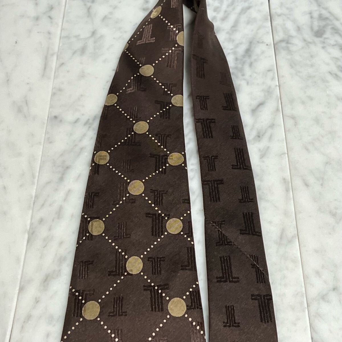 【美品】 999円～ LANVIN ネクタイ ブラウン ロゴ総柄 ドット チェック柄 (GREEN B1)_画像3