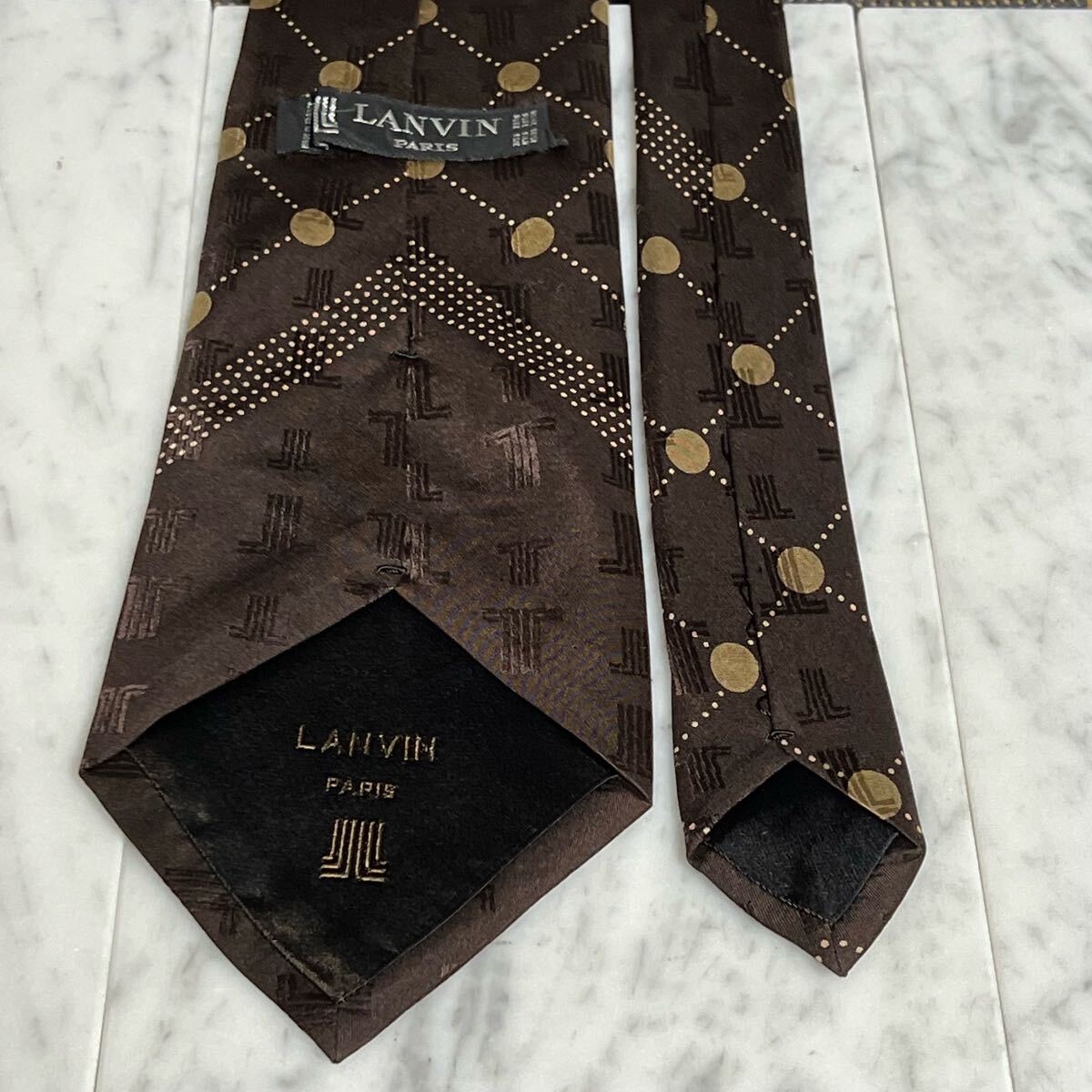 【美品】 999円～ LANVIN ネクタイ ブラウン ロゴ総柄 ドット チェック柄 (GREEN B1)_画像4