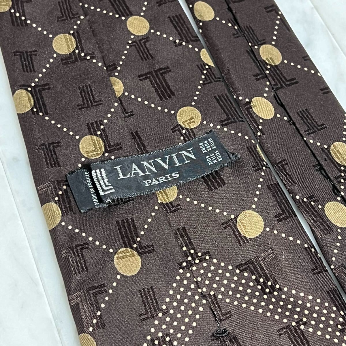 【美品】 999円～ LANVIN ネクタイ ブラウン ロゴ総柄 ドット チェック柄 (GREEN B1)_画像5
