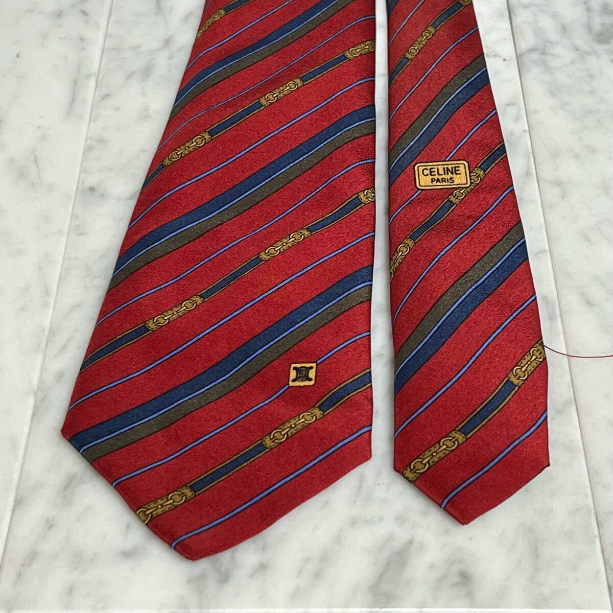 999円～ CELINE ネクタイ レッド ストライプ ワンポイントロゴ (R6)_画像2