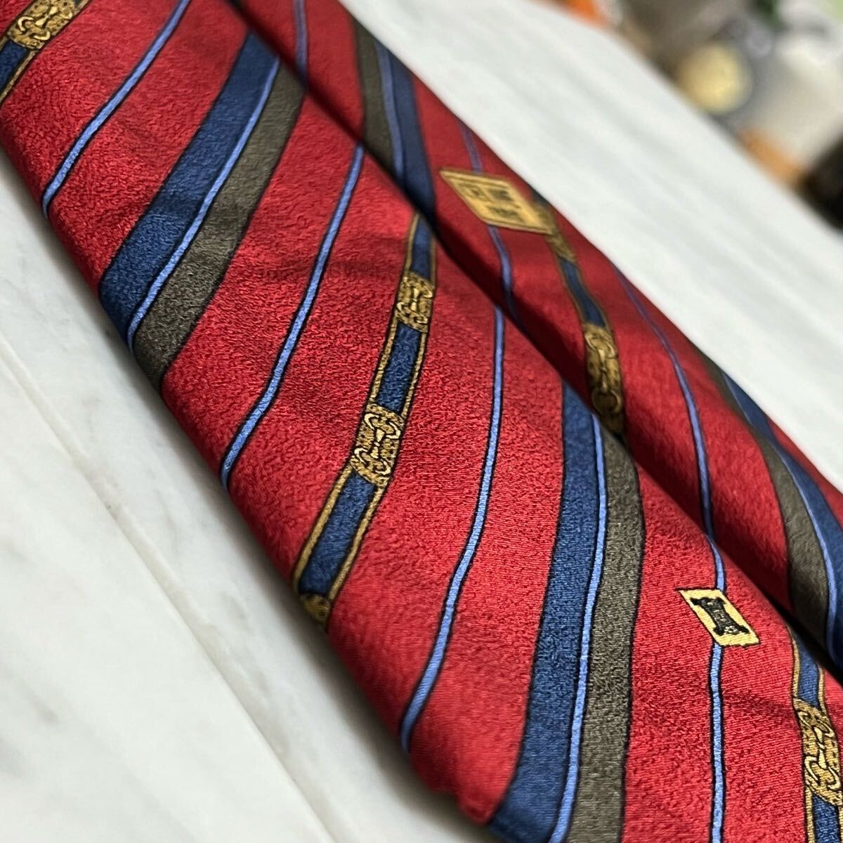 999円～ CELINE ネクタイ レッド ストライプ ワンポイントロゴ (R6)_画像3