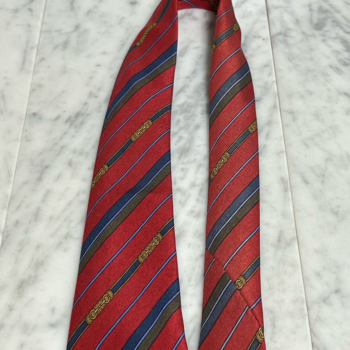 999円～ CELINE ネクタイ レッド ストライプ ワンポイントロゴ (R6)_画像4