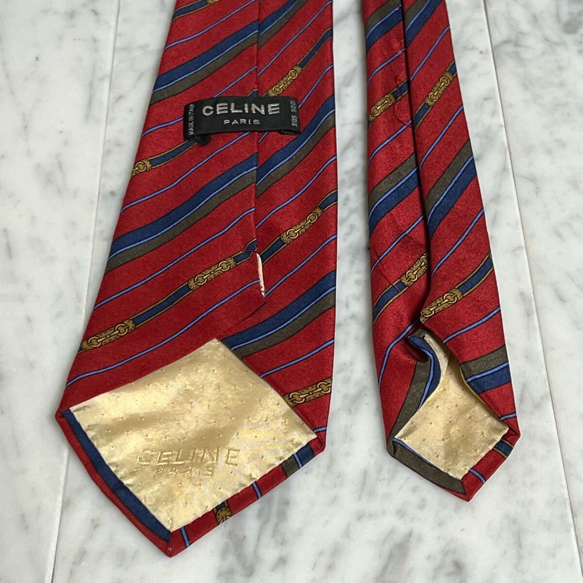 999円～ CELINE ネクタイ レッド ストライプ ワンポイントロゴ (R6)_画像5