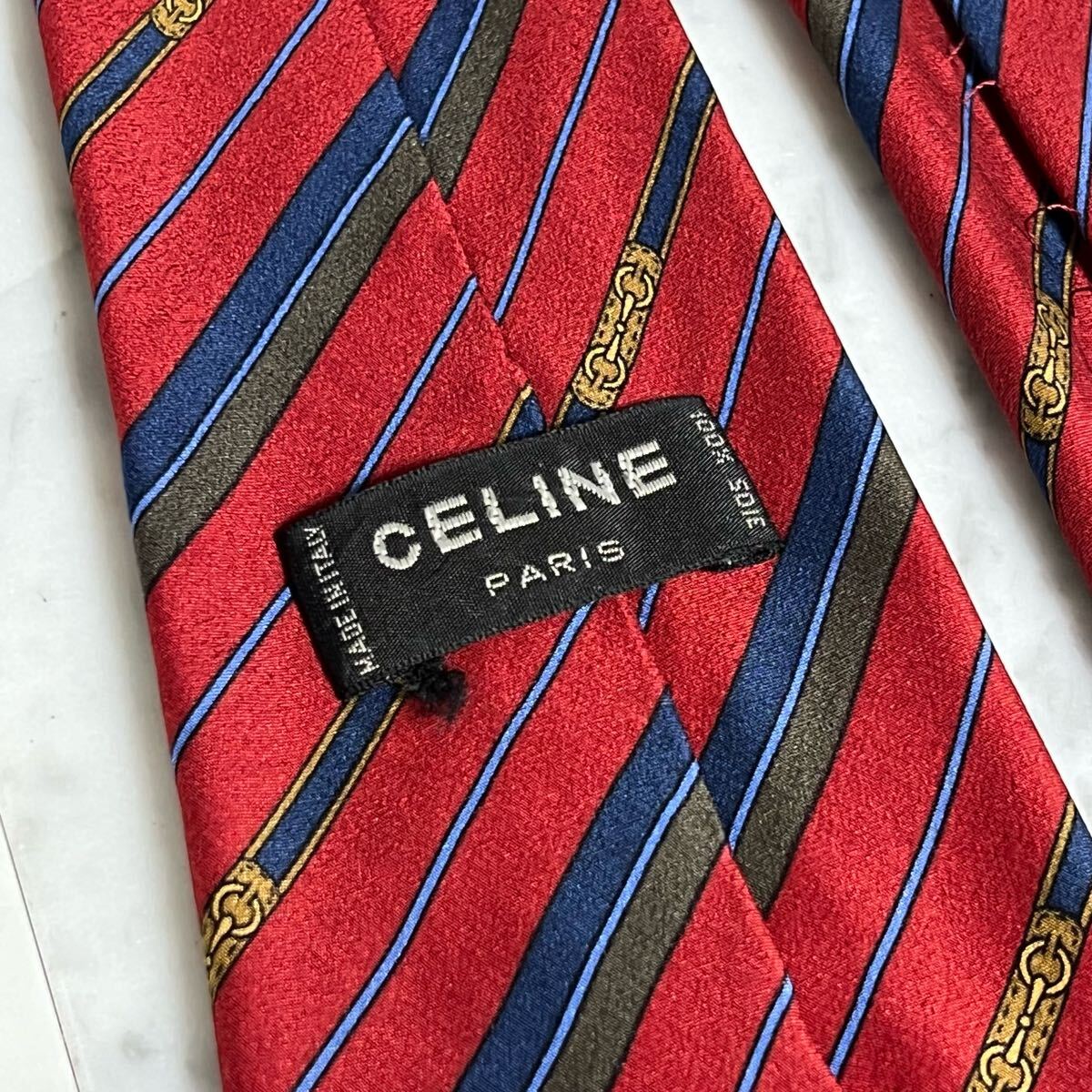 999円～ CELINE ネクタイ レッド ストライプ ワンポイントロゴ (R6)_画像6