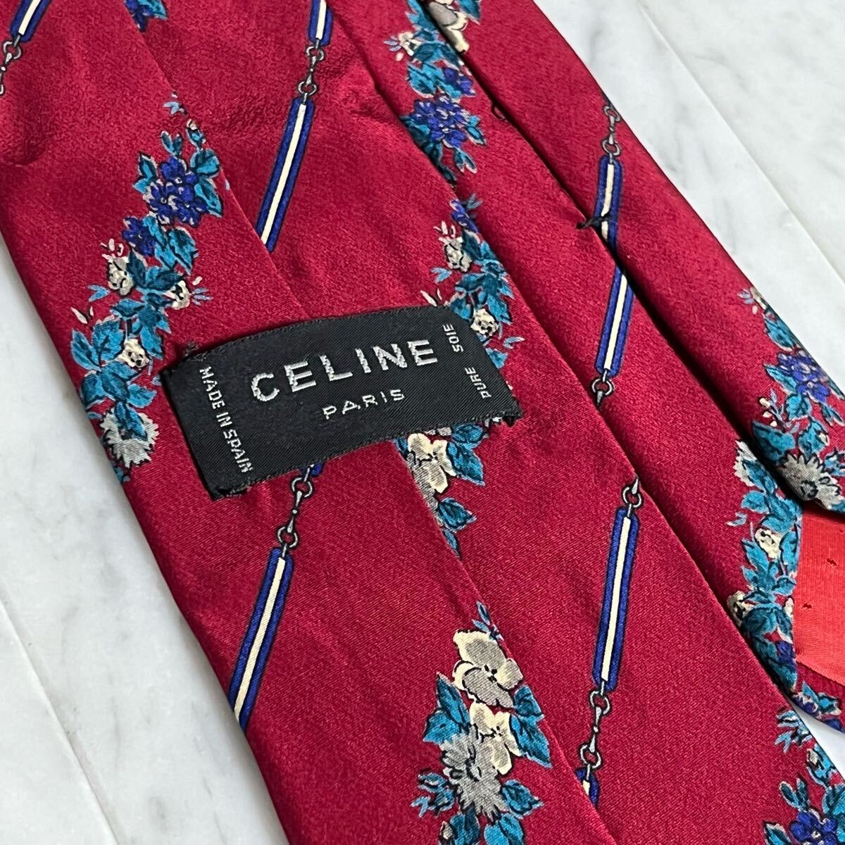 【美品】 999円～ CELINE ネクタイ ストライプ レッド ボタニカル柄 マカダム柄 (R5)