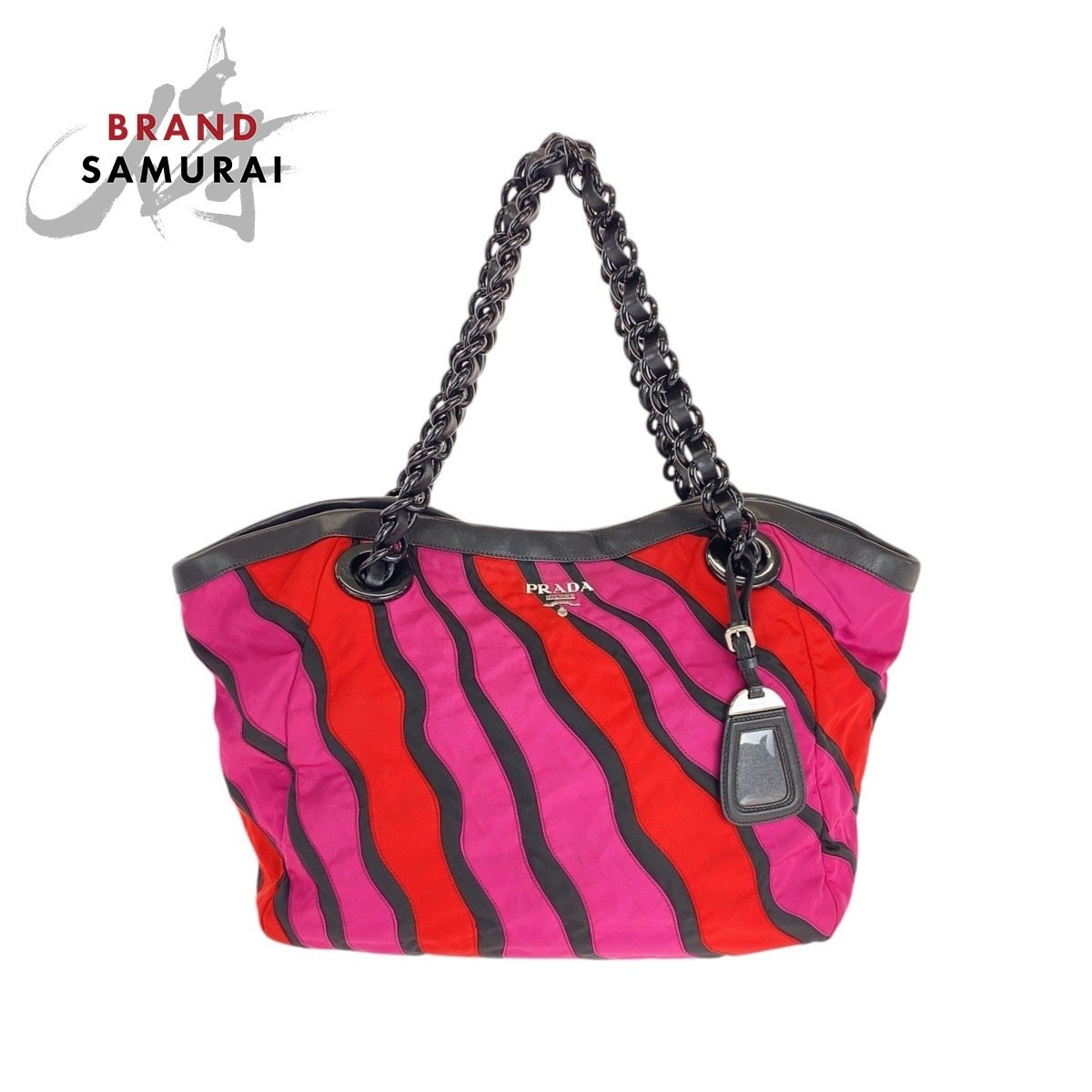  прекрасный товар PRADA Prada розовый красный серебряный металлические принадлежности нейлон / кожа / пластик большая сумка ручная сумочка женский 500869