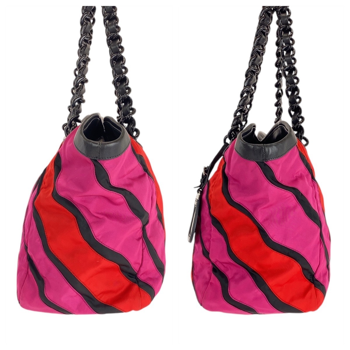  прекрасный товар PRADA Prada розовый красный серебряный металлические принадлежности нейлон / кожа / пластик большая сумка ручная сумочка женский 500869