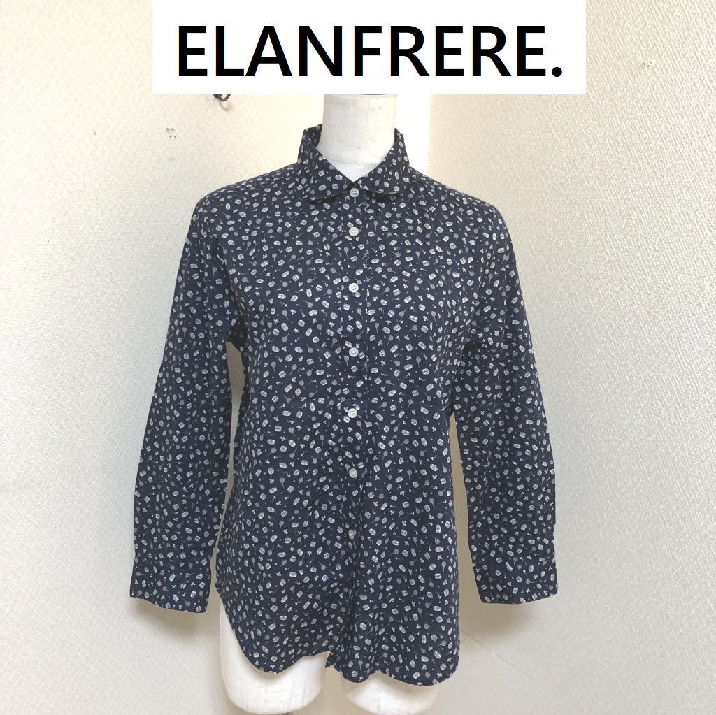 ELANFRERE. 〈エランフレール〉レディース プリントシャツ レギュラーカラーシャツ ネイビー 紺 器