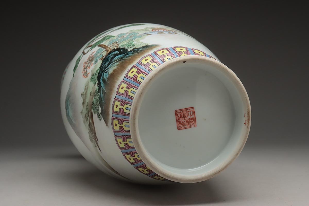 EY888 【中国景徳鎮】粉彩楼閣山水漢詩文花瓶 高35.8cm 重1.5kg EY888 【中国景徳鎮】粉彩楼閣山水漢詩文花瓶 高35.8cm 重1.5kg