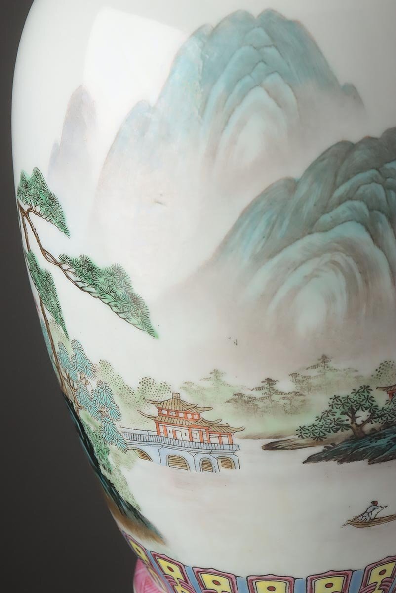 EY888 【中国景徳鎮】粉彩楼閣山水漢詩文花瓶 高35.8cm 重1.5kg EY888 【中国景徳鎮】粉彩楼閣山水漢詩文花瓶 高35.8cm 重1.5kg
