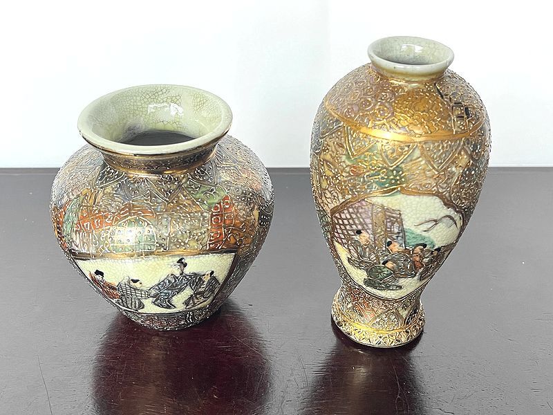 訳有 薩摩焼 人物絵 花瓶 花器 2個セット 古伊万里 古美術(薩摩 訳有 薩摩焼 人物絵 花瓶 花器 2個セット 古伊万里 古美術(薩摩