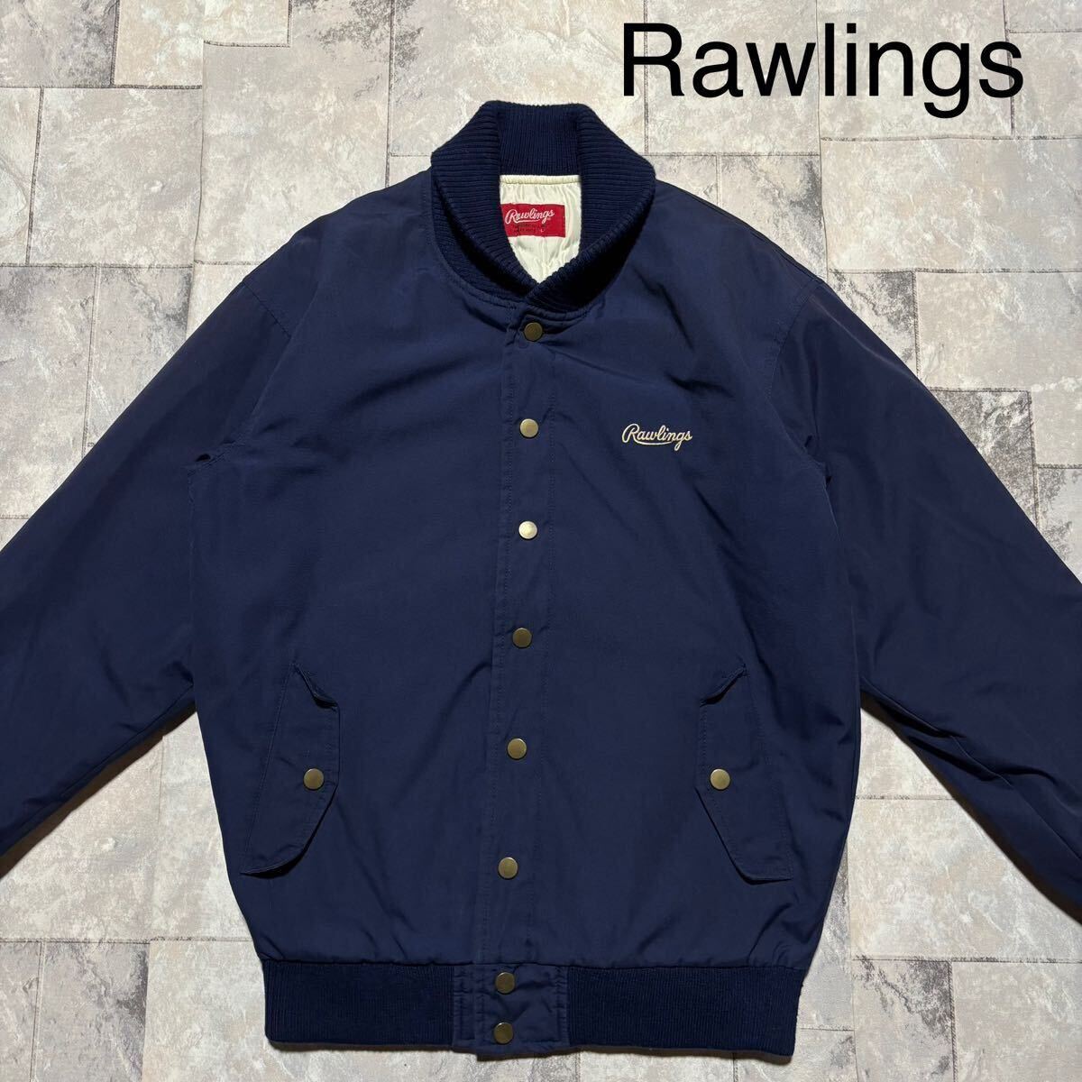 Rawlings ローリングス スタジャン 中綿 ナイロンジャケット アシックス ヴィンテージ 刺繍ロゴ ネイビー サイズL 玉FS1735
