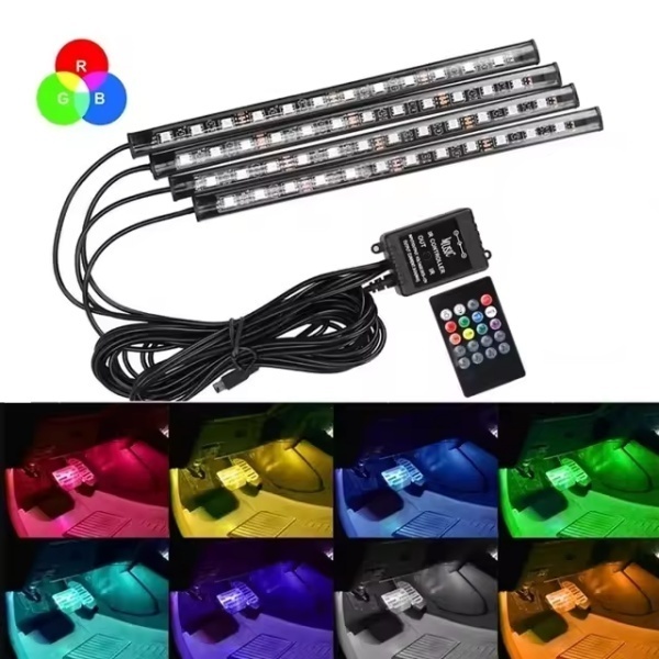 4本 シガーソケット LED フロアライト 音楽連動 リモコン スイッチ 付き 車內(nèi) 足元 裝飾 間接照明 LEDテープ イルミ チューブ 12V 汎用