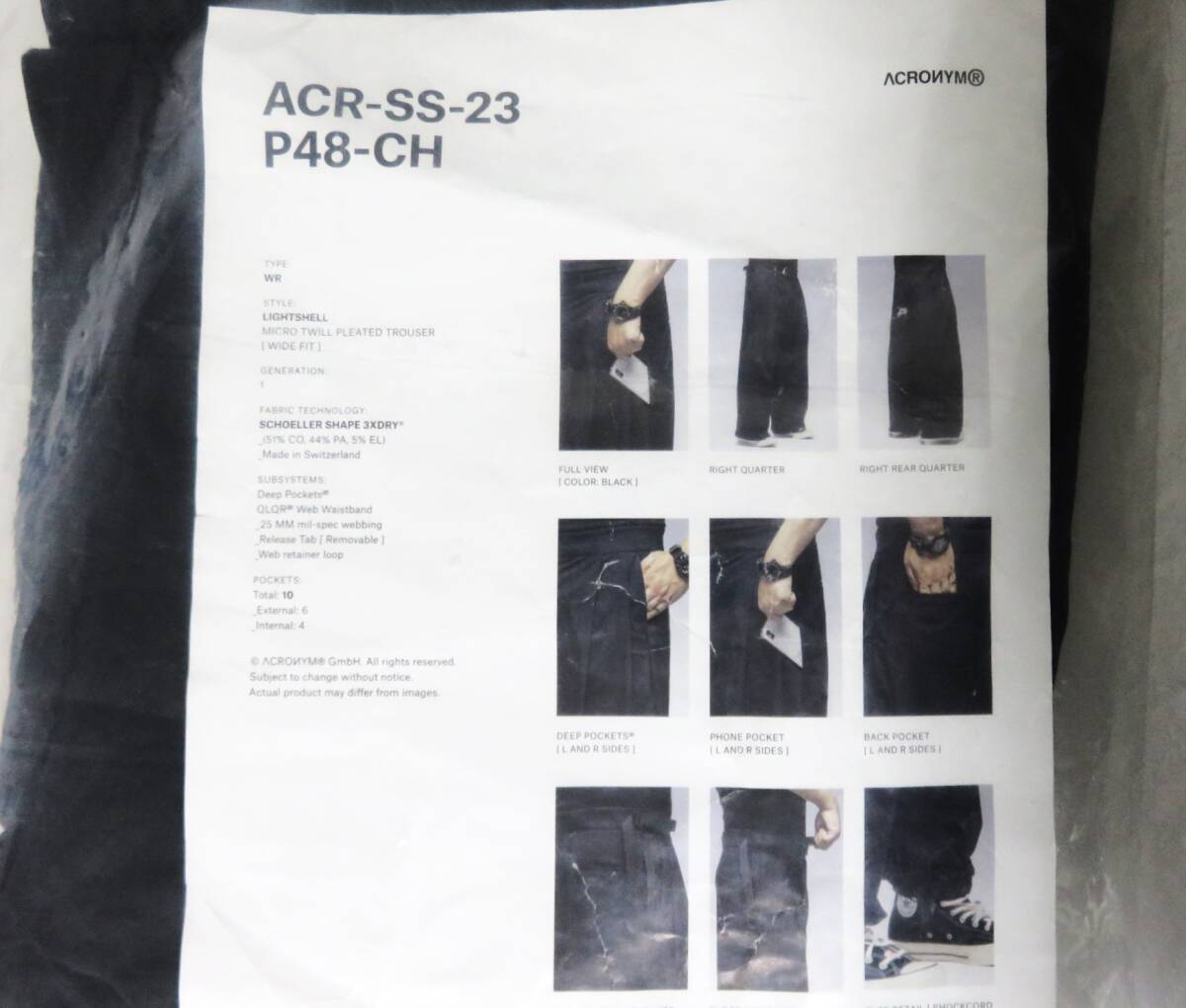 !_ бесплатная доставка обычная цена 20 десять тысяч новый товар ACRONYM Micro Twill Pleated Trouser P48-CH 23SS M черный ACRONYM широкий плиссировать брюки 