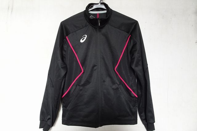 asics/アシックス/EZT144/長(zhǎng)袖トラックジャケット/ジャージ素材/前ジップアップ/ピンクステッチ纟/黒/ブラック/女子用Mサイズ(3/24R7)