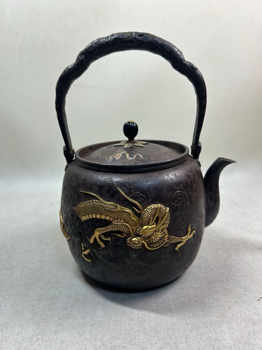 鉄瓶 茶道具 山玄堂? 金工 義光 京都製 煎茶道具 金象嵌 龍図 鉄瓶 茶道具 山玄堂? 金工 義光 京都製 煎茶道具 金象嵌 龍図