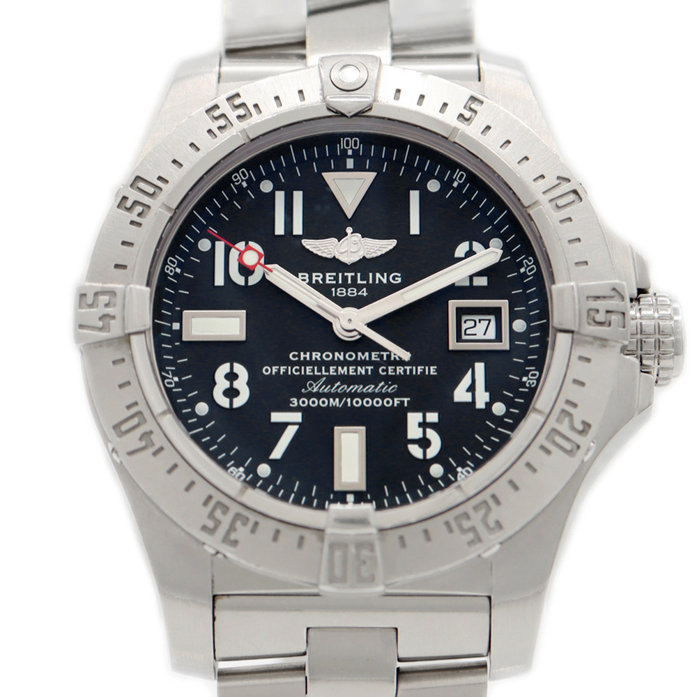 内部点検済 BREITLING ブライトリング アベンジャー シーウルフ A17330 3000m防水 デイト 黒 ブラック SS メンズ 自動巻き