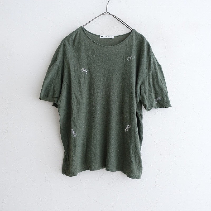 ミナペルホネン mina perhonen *chouchoエンブロイダリーカットソーTシャツ*40綿モスグリーン刺しゅう半袖(2-2502-222)【70C52】