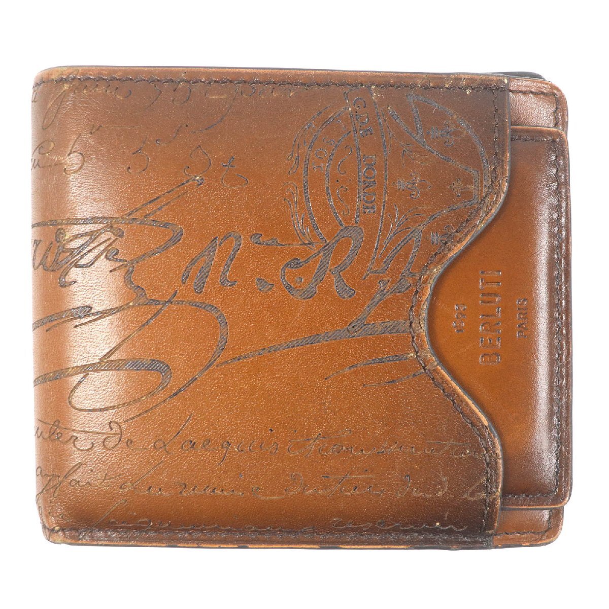 良品□BERLUTI ベルルッティ 2023年制 カリグラフィ スクリット カードケース付き レザー 二つ折り財布 ブラウン イタリア制 メンズ
