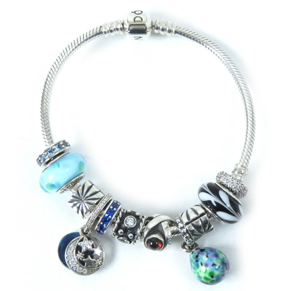 極美品△PANDORA パンドラ スネークチェーン 月と青空のダングルチャーム チャーム11個付き ブレスレット SV925 シルバー 重量36.4g