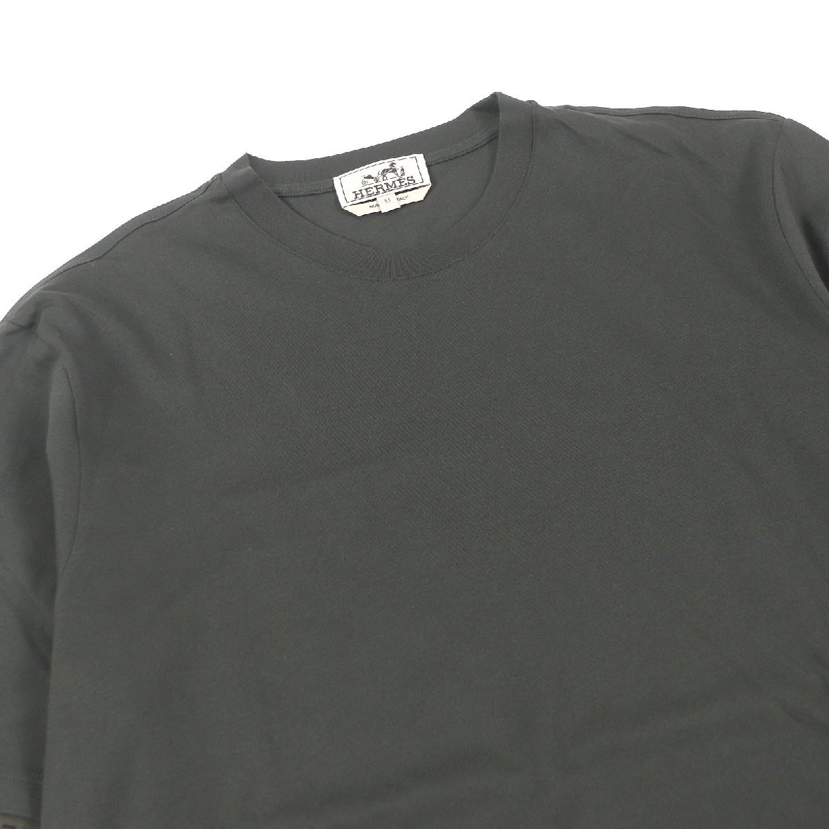 未使用品□HERMES エルメス 22SS コットン サドルステッチ クルーネック カットソー 半袖Ｔシャツ カーキ M イタリア制 正規(guī)品 メンズ