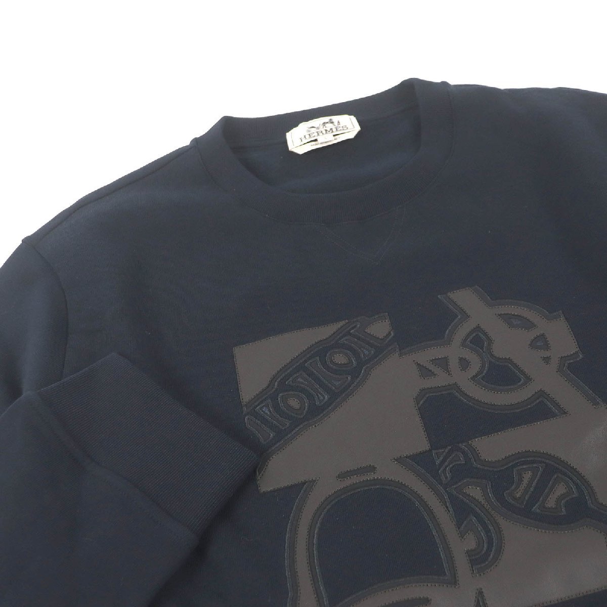未使用品□HERMES エルメス H467810HA01SM メタルリー オ カレ ラムレザーパッチ ラウンドネックスウェット マリン 正規(guī)品 定価248600円