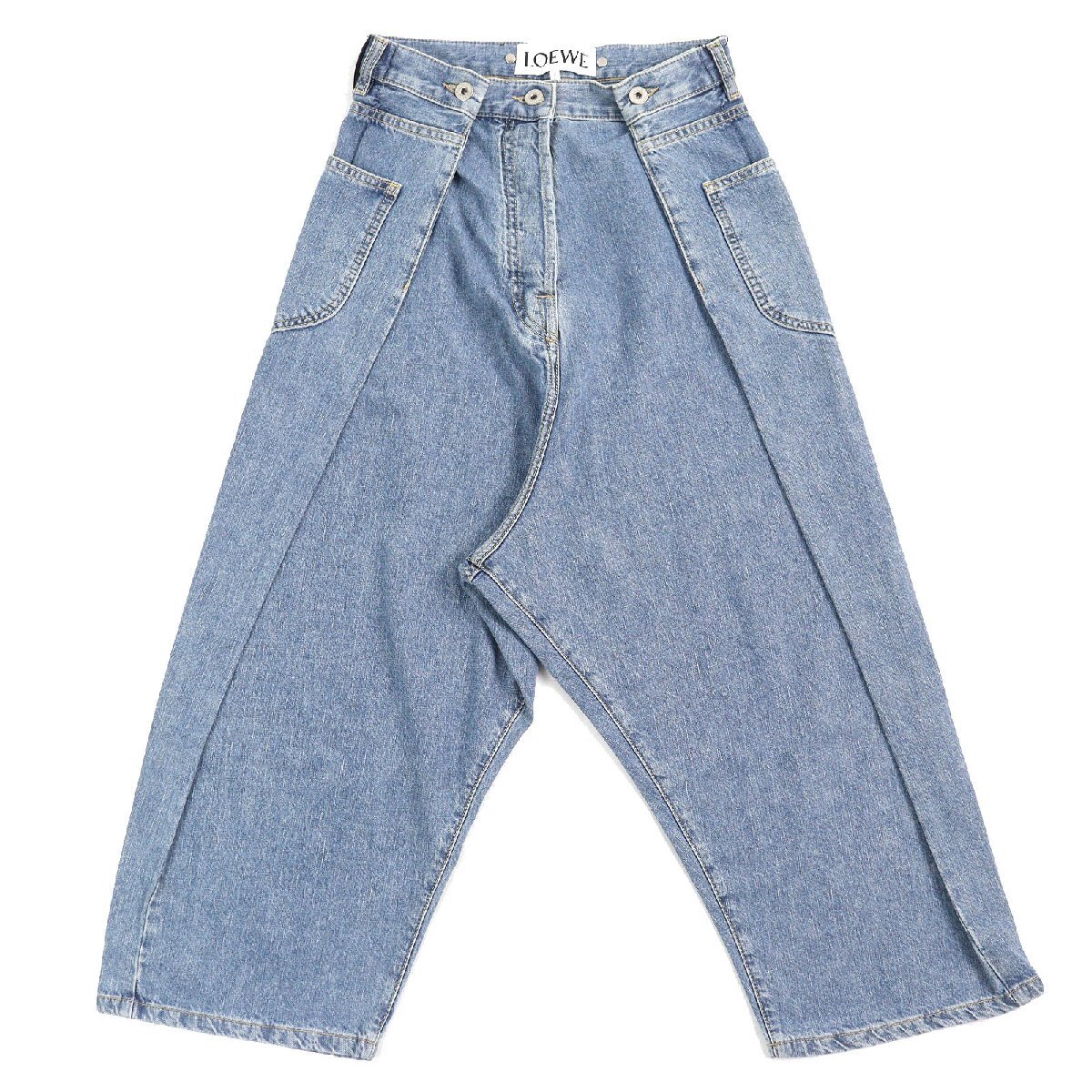 未使用品△LOEWE ロエベ D2292310IB ロゴレザーパッチ ボタンフライ サイドポケット クロップド ワイドレッグ デニムパンツ 32 正規(guī)品