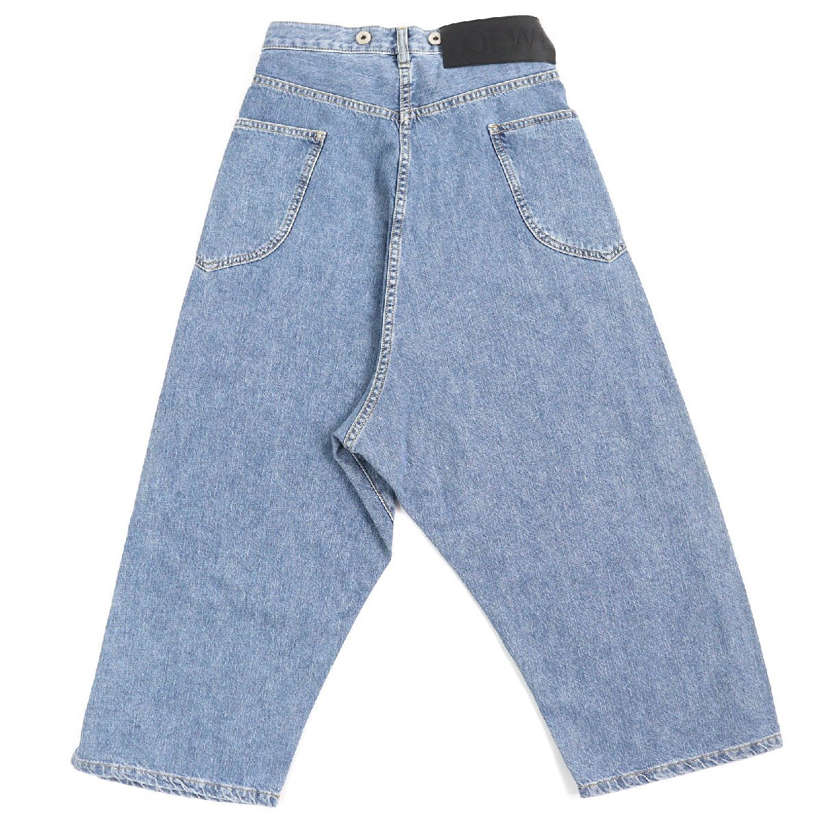 未使用品△LOEWE ロエベ D2292310IB ロゴレザーパッチ ボタンフライ サイドポケット クロップド ワイドレッグ デニムパンツ 32 正規(guī)品