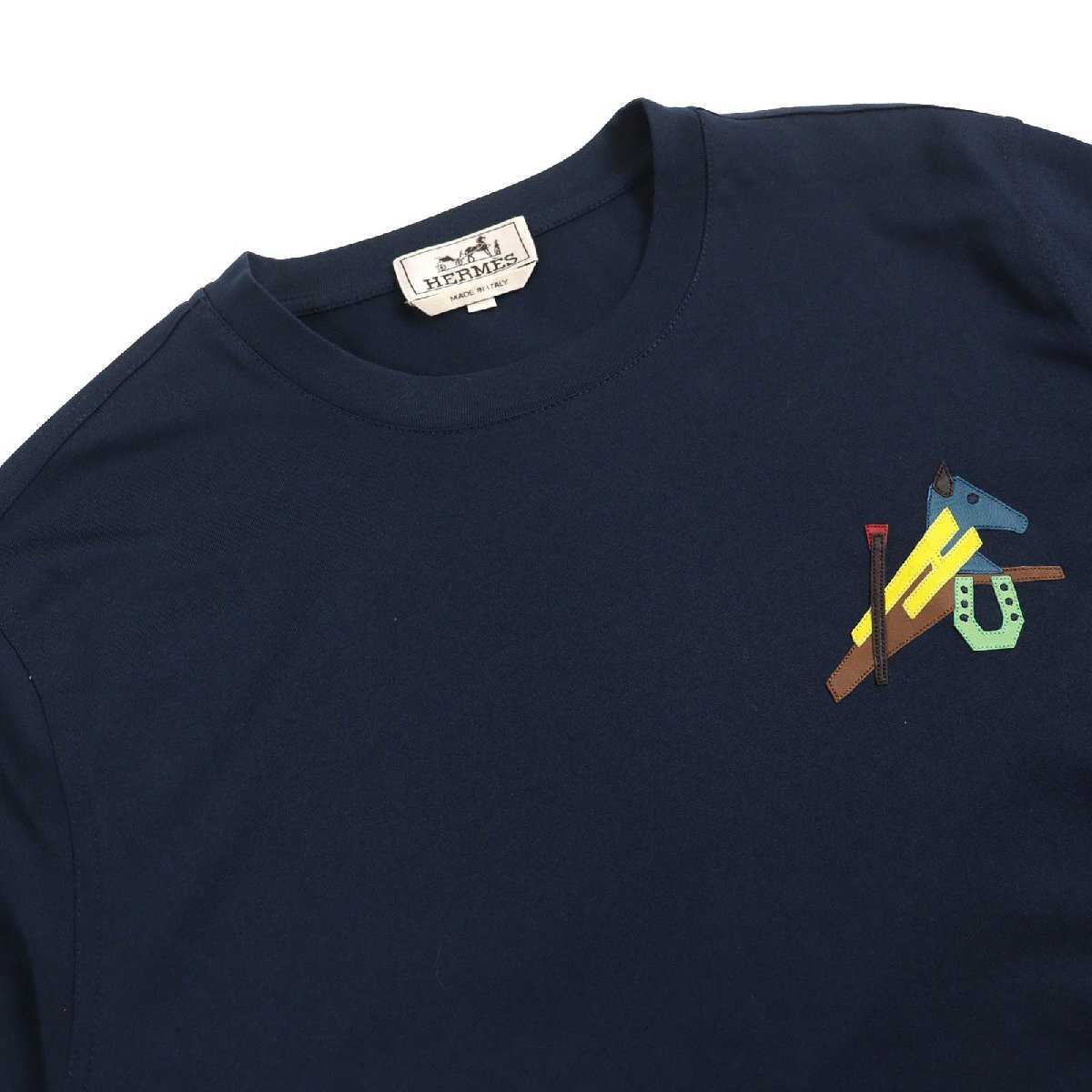 未使用品△HERMES エルメス 22SS パズル?エスケトル コットン100％ ラムレザーパッチ クルーネック 半袖Ｔシャツ ネイビー M 伊制 正規(guī)品
