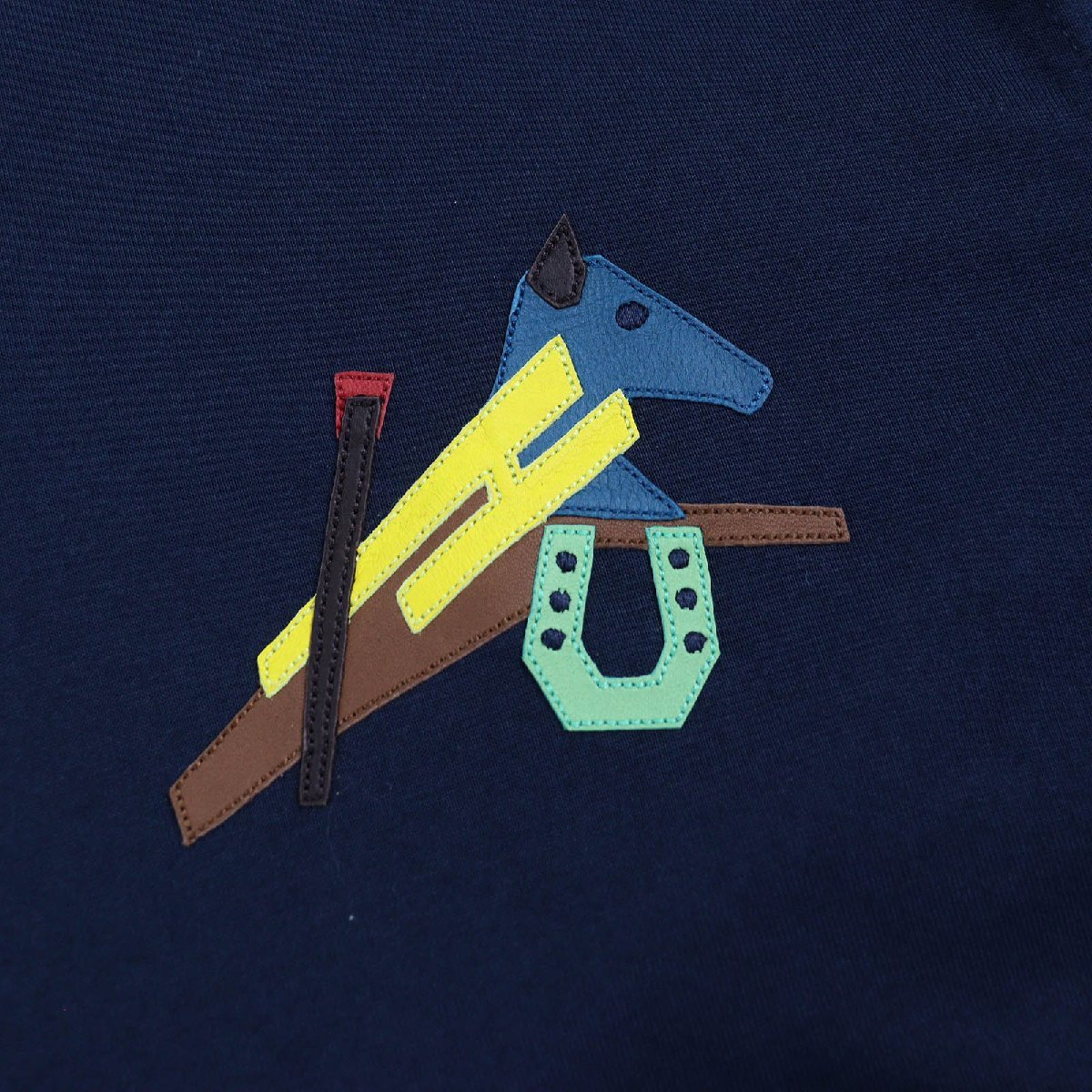 未使用品△HERMES エルメス 22SS パズル?エスケトル コットン100％ ラムレザーパッチ クルーネック 半袖Ｔシャツ ネイビー M 伊制 正規(guī)品