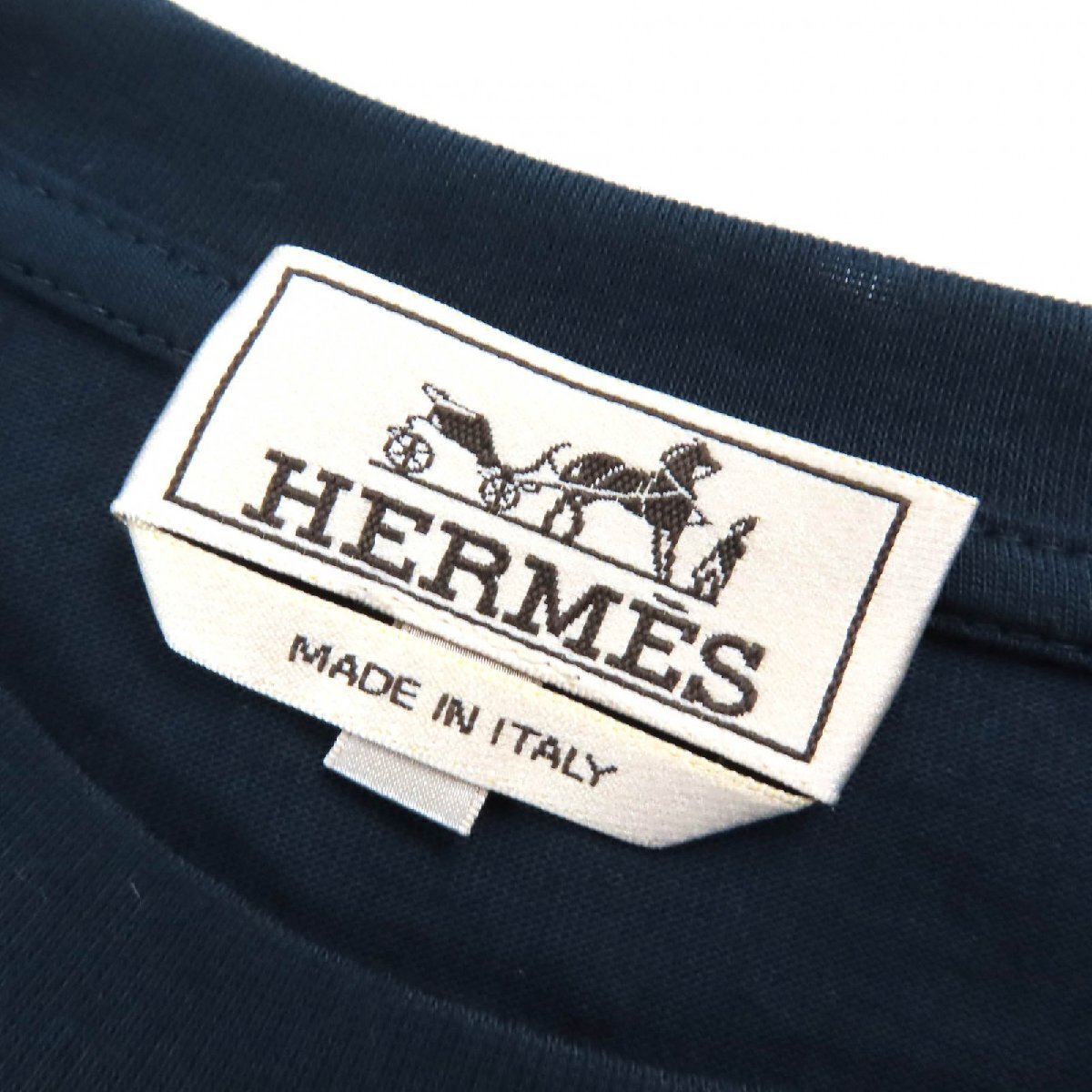 未使用品△HERMES エルメス 22SS パズル?エスケトル コットン100％ ラムレザーパッチ クルーネック 半袖Ｔシャツ ネイビー M 伊制 正規(guī)品