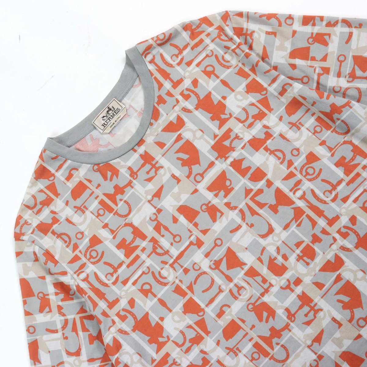 美品○HERMES エルメス 20SS ホース総柄 ロデオチャーム ホースビット 馬具 クルーネック 半袖Ｔシャツ マルチカラー L 正規(guī)品 メンズ