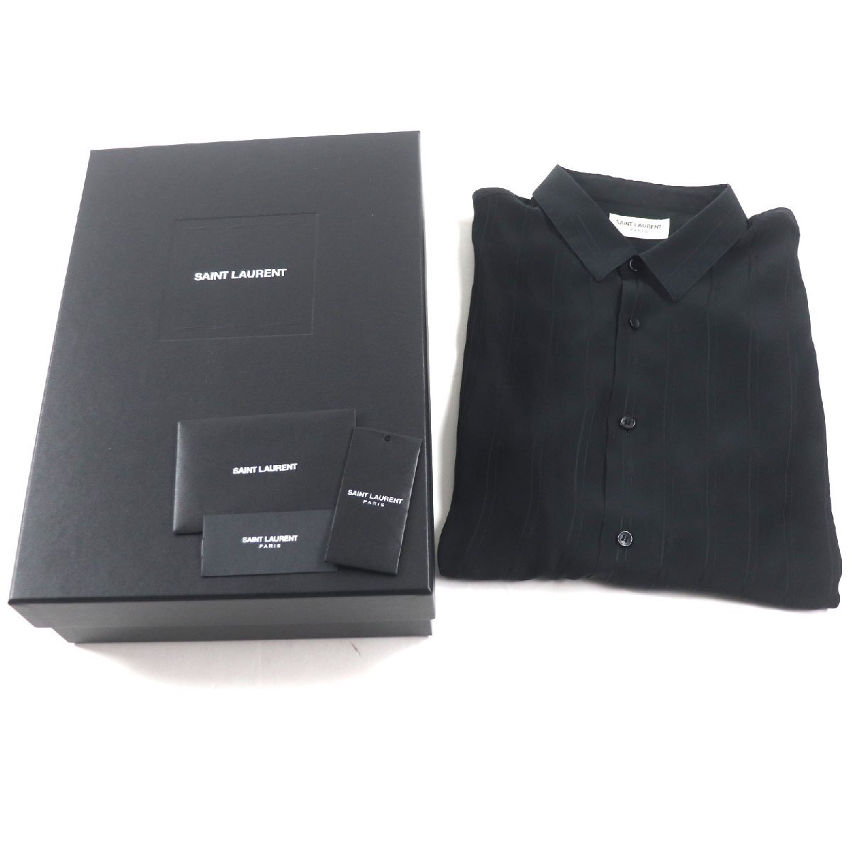 美品▼SAINT LAURENT PARIS サンローランパリ 23SS 601070 シルク100% YSL ストライプ柄 ショートスリーブ 半袖シャツ 39 箱付き 正規(guī)品