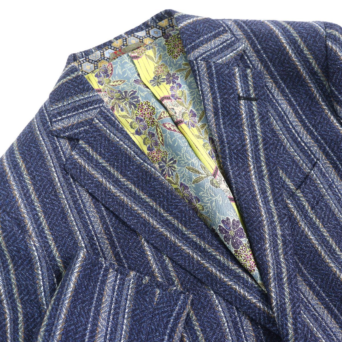 極美品△ETRO エトロ 21SS BEN ETRO ESSERE ヘンプ ウール 里地総柄 ストライプ シングル テーラードジャケット ネイビー系 48 正規(guī)品