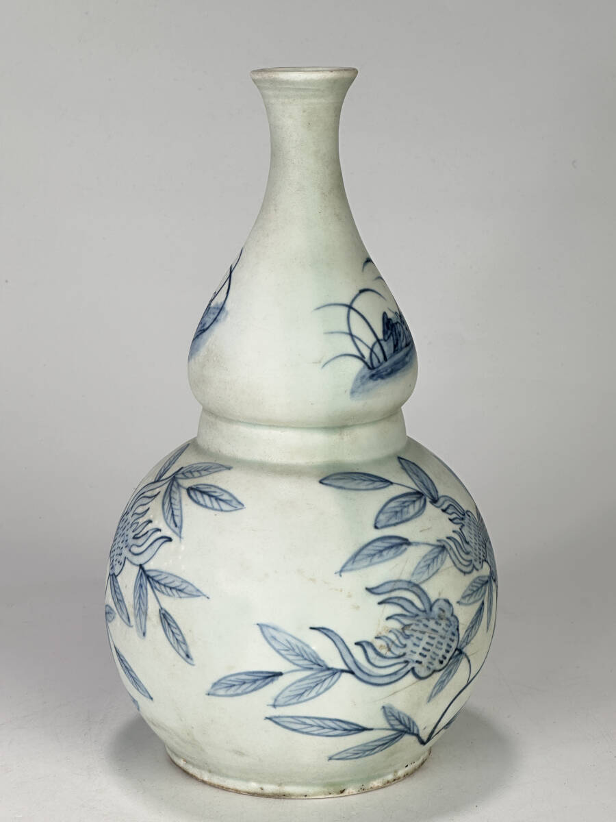 UM30S35 韓国美術 李朝時代 白磁 青花 柘榴文瓢箪瓶 花瓶 花器 UM30S35 韓国美術 李朝時代 白磁 青花 柘榴文瓢箪瓶 花瓶 花器
