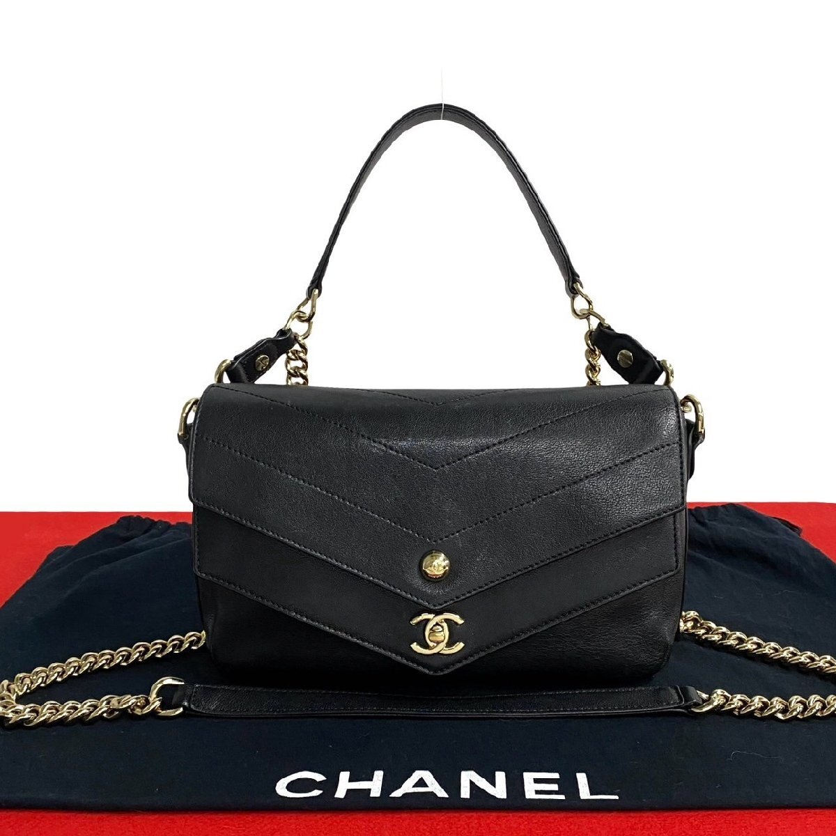 極 美品 シール有 26番臺 CHANEL シャネル ココマーク Vステッチ レザー チェーン 2way ハンドバッグ ショルダーバッグ ブラック 28583