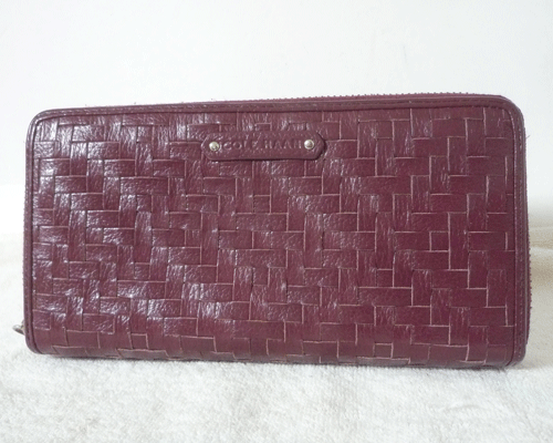 良品　コールハーン　COLE HAAN　レザー　赤茶系　編み込み　長財(cái)布　ラウンドファスナー　ロングウォレット　レディース