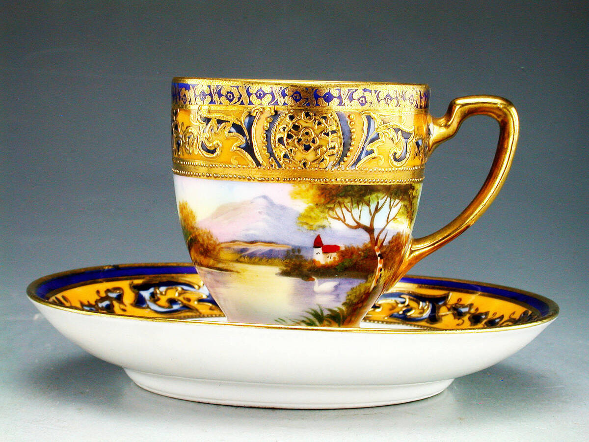 オールドノリタケ銘品!! オールドノリタケ・金盛上藍地白鳥湖畔 オールドノリタケ銘品!! オールドノリタケ・金盛上藍地白鳥湖畔