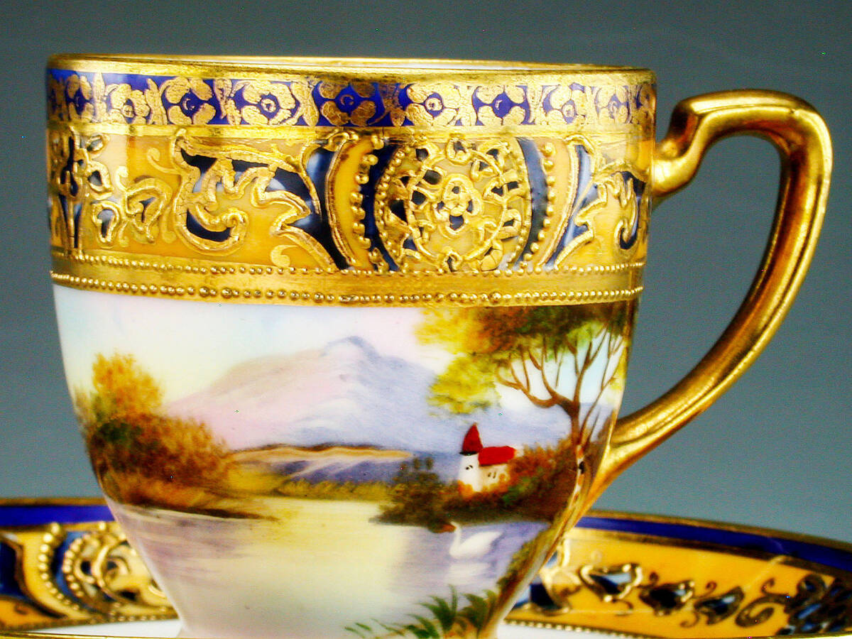 オールドノリタケ銘品!! オールドノリタケ・金盛上藍地白鳥湖畔 オールドノリタケ銘品!! オールドノリタケ・金盛上藍地白鳥湖畔