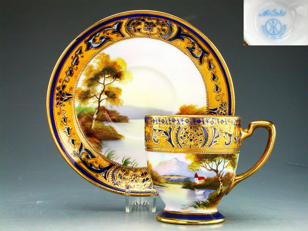 オールドノリタケ銘品!! オールドノリタケ・金盛上藍地白鳥湖畔 オールドノリタケ銘品!! オールドノリタケ・金盛上藍地白鳥湖畔