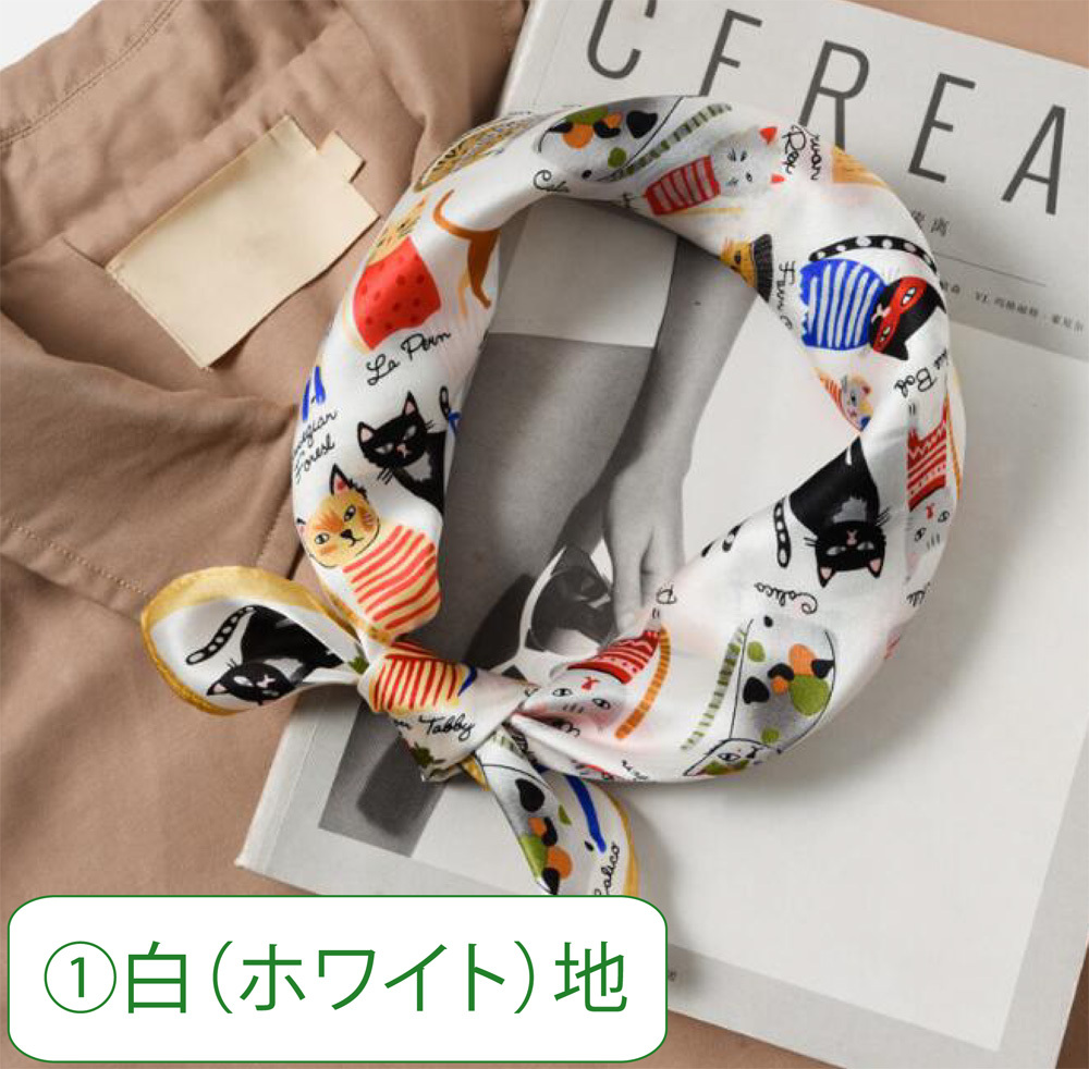 ネコ ねこ 猫 キャット　キャッツ cats　 CAT　スカーフ　scarf　ネックウォーマー　シルク（絹）サテン地、正方形 小さい　約 52cm×52cm